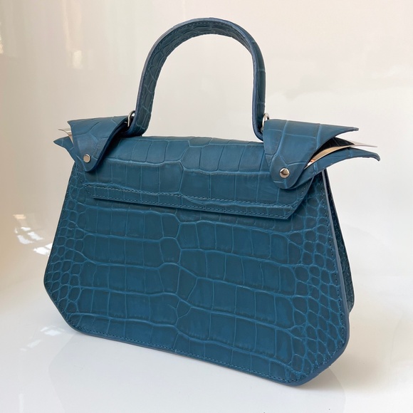 $899 NWOT LYA LYA Mini Armor Vault Croc Teal Silver Crossbody Top Handle Handbag - Picture 10 of 15